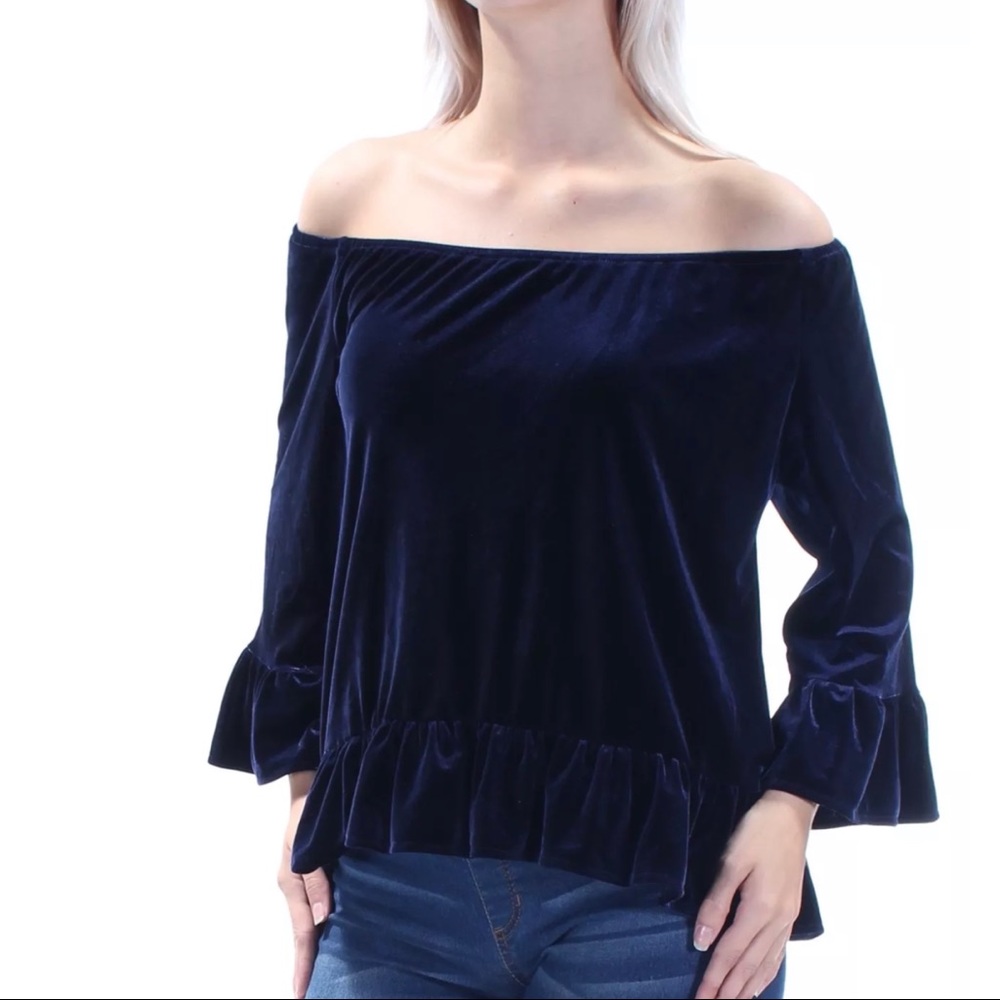 SANCTUARY Navy Ruffled Velvet Off Shoulder Top